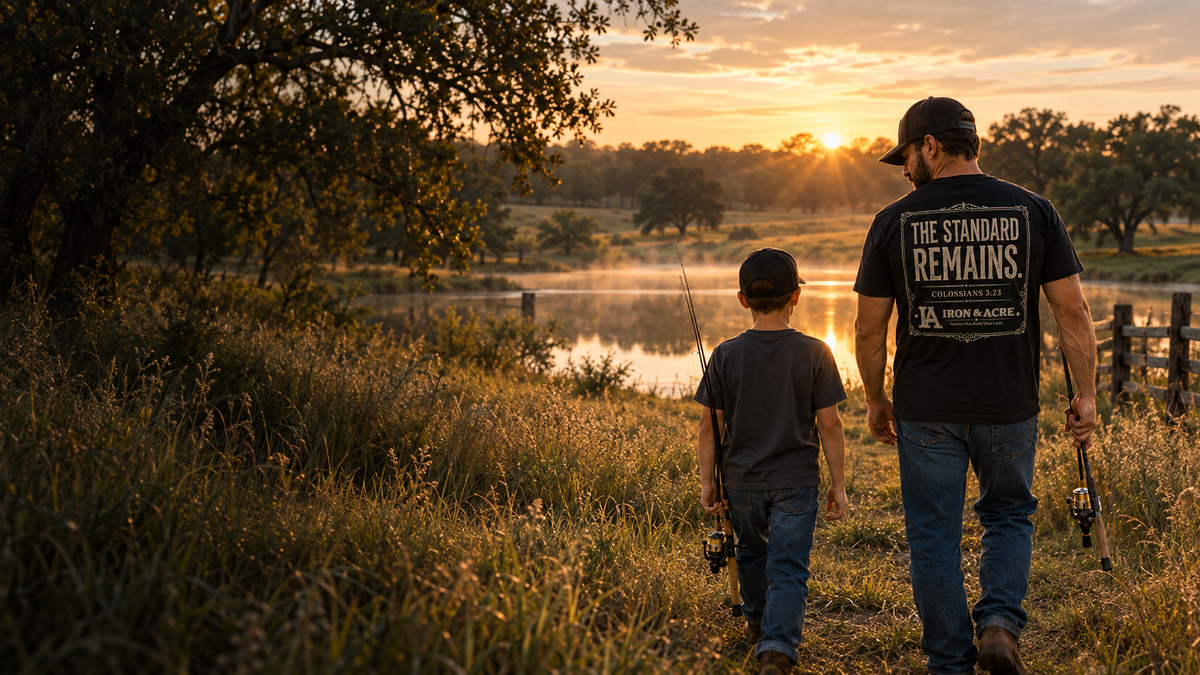 Father and son walking toward a South Texas pond wearing Iron & Acre apparel