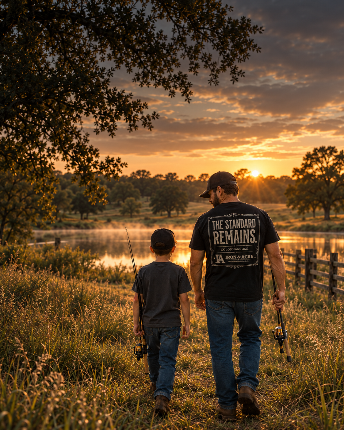 Father and son walking toward a South Texas pond wearing Iron & Acre apparel